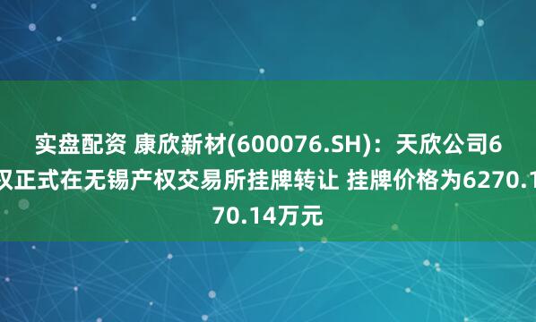 实盘配资 康欣新材(600076.SH)：天欣公司60%股权正式在无锡产权交易所挂牌转让 挂牌价格为6270.14万元